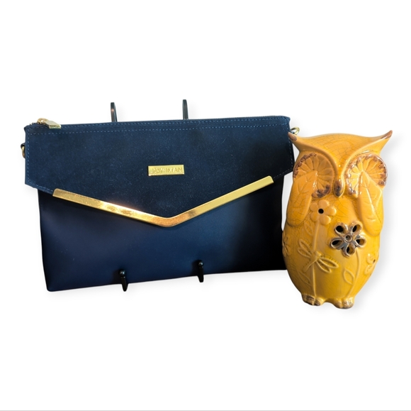 Anne Klein Handbags - Joy & Iman Blue Leather & Velvet Clutch With Gold Hardware